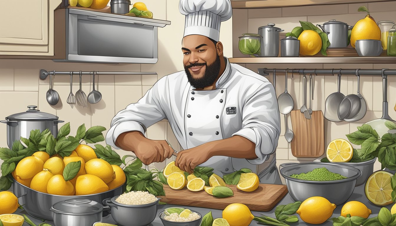 A chef in a kitchen, surrounded by fresh lemons, chicken, and various cooking ingredients