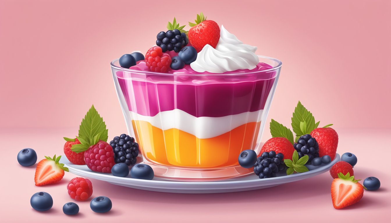 A colorful bowl of sugar-free jello with fresh berries and a dollop of whipped cream on top, surrounded by diabetic-friendly dessert ingredients