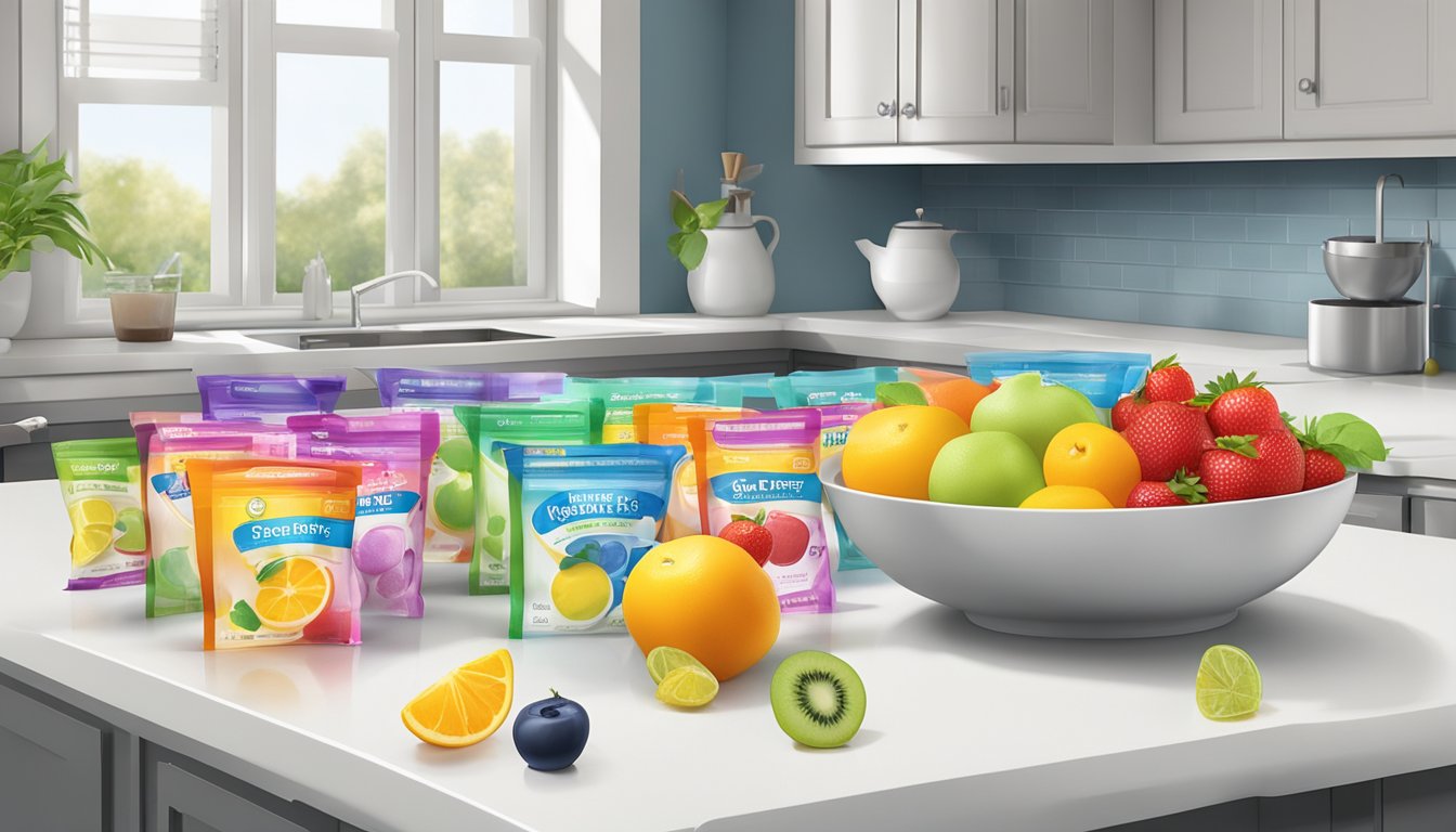 A variety of sugar-free gelatin packets, fresh fruit, and measuring cups arranged on a clean kitchen countertop