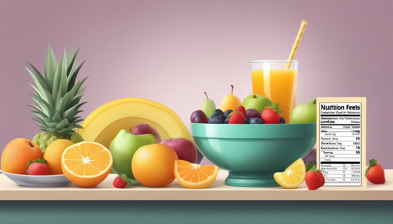 A colorful array of fresh fruits and sugar-free gelatin, arranged on a clean kitchen counter next to a measuring cup and nutrition facts label