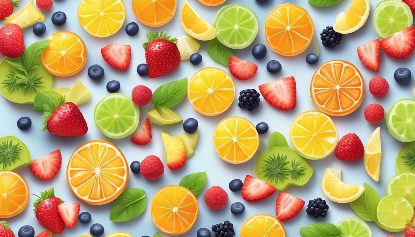 A colorful array of sugar-free gelatin molds surrounded by fresh fruit and garnishes