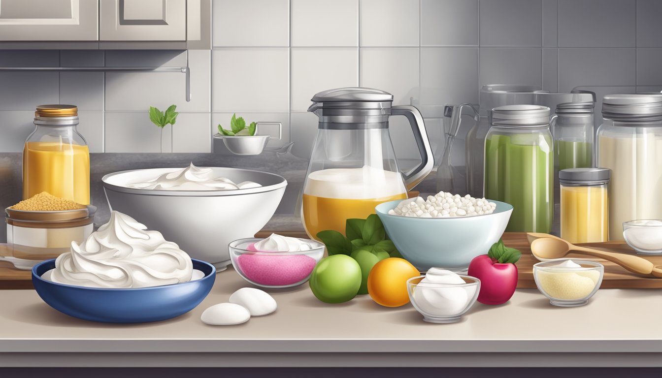 A kitchen counter with ingredients and tools for making diabetic meringue