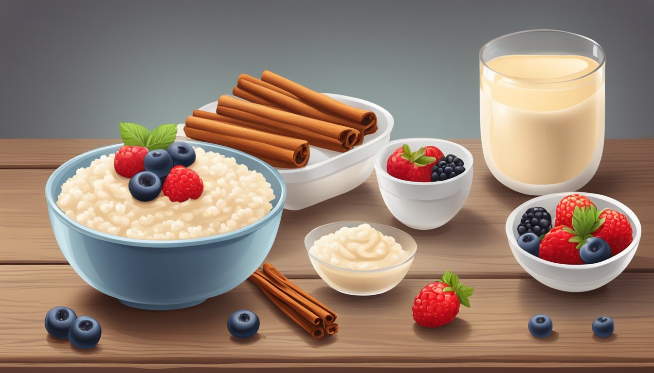 A bowl of creamy rice pudding topped with cinnamon and served with a side of fresh berries on a wooden table