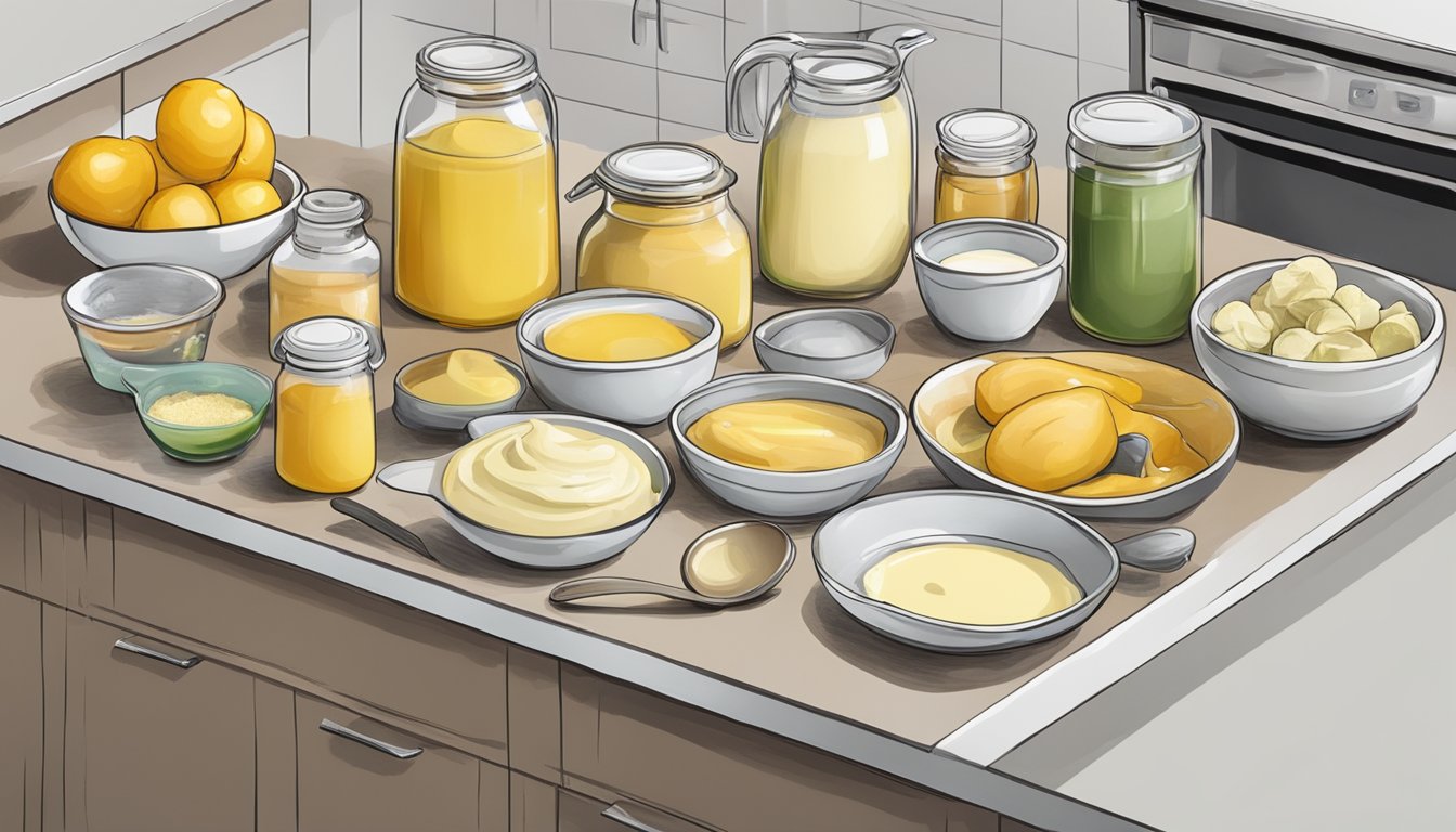 A kitchen counter with various ingredients and utensils laid out for making diabetic-friendly mayonnaise