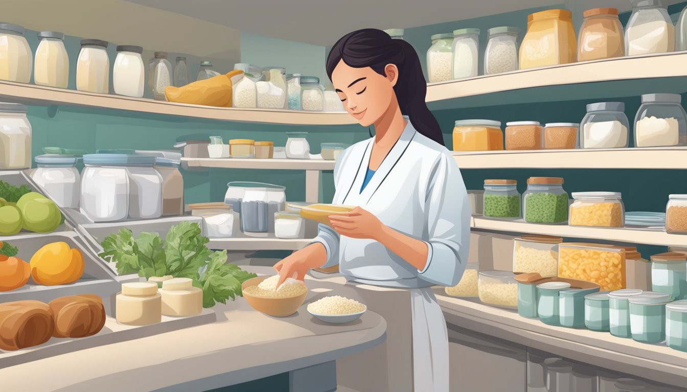 A person selecting ingredients from a variety of dairy products and rice while following a diabetic recipe