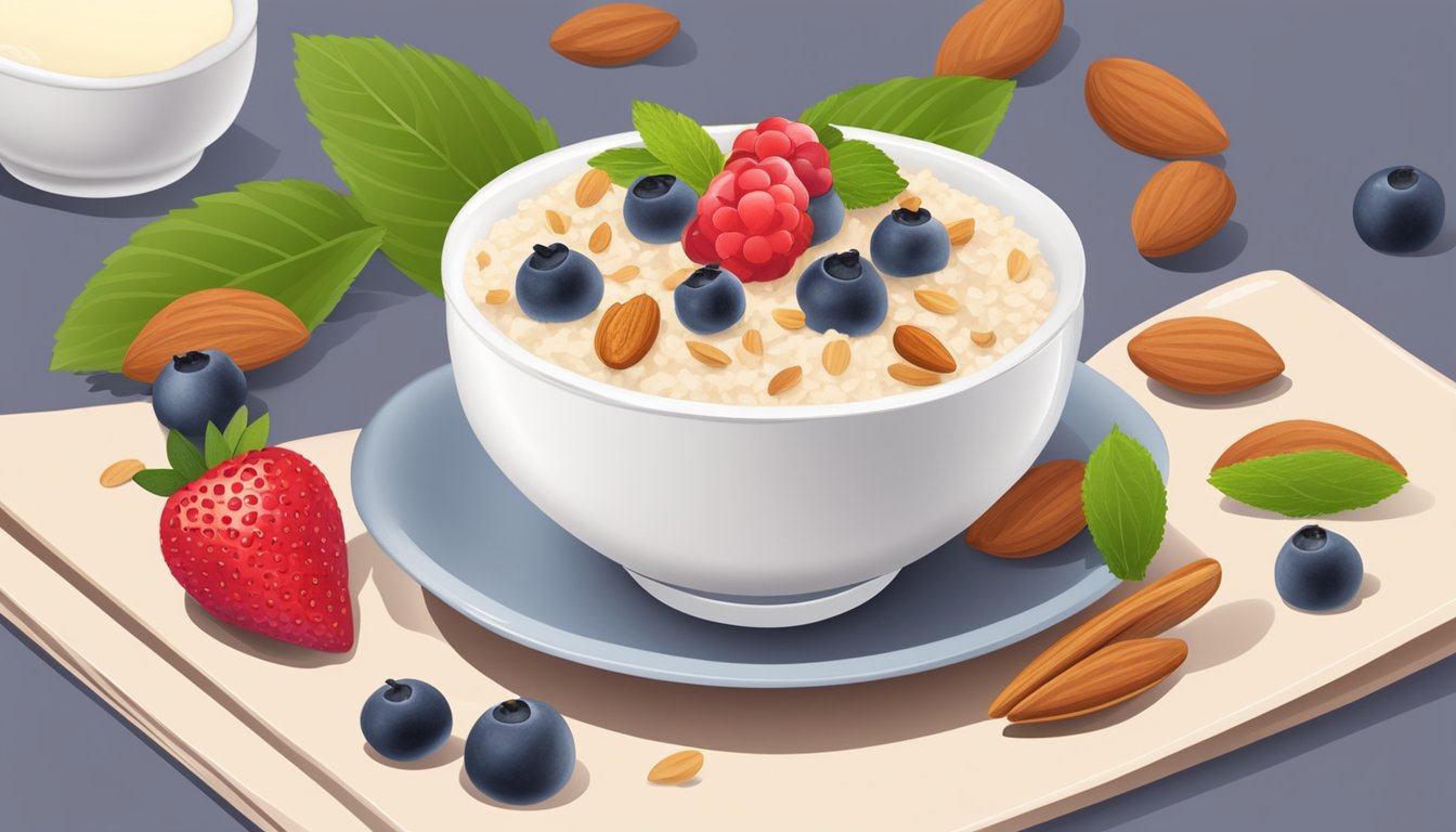 A bowl of rice pudding with sugar substitute, topped with sliced almonds and fresh berries, surrounded by ingredients like cinnamon and vanilla