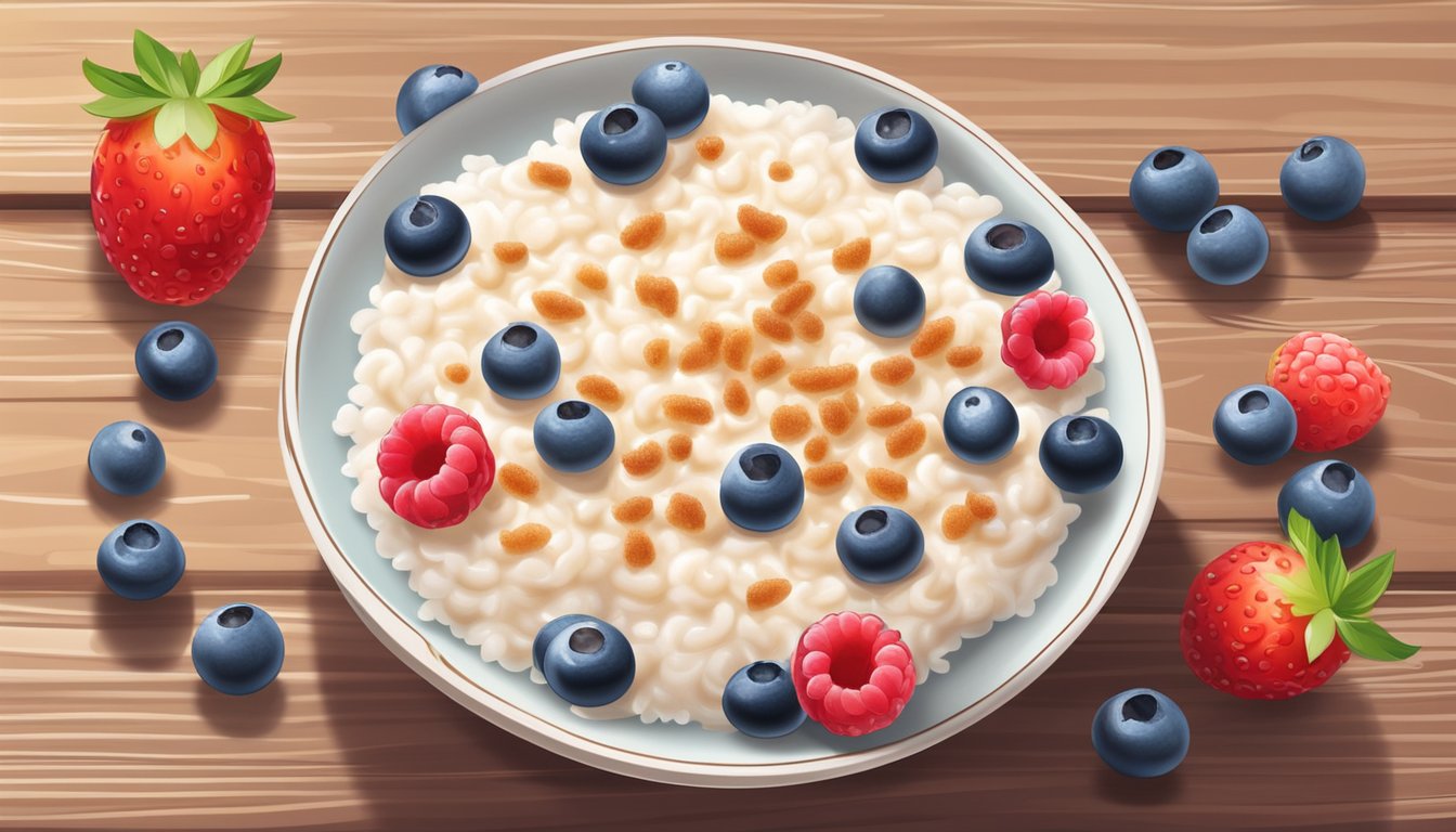 A bowl of creamy rice pudding with a sprinkle of cinnamon, surrounded by fresh berries and a glass of water on a wooden table