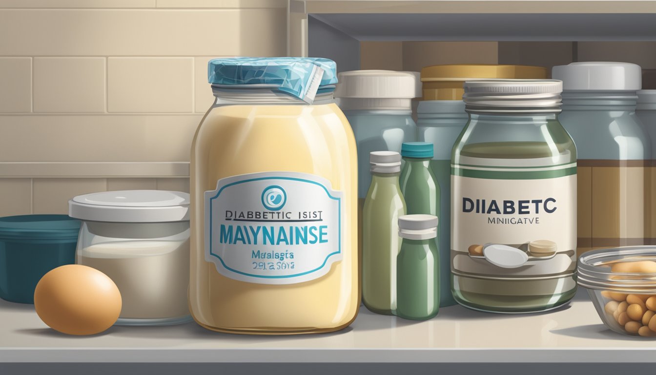 A jar of diabetic mayonnaise sits on a shelf beside a refrigerator, surrounded by fresh eggs, oil, and vinegar. A label indicates the date it was made