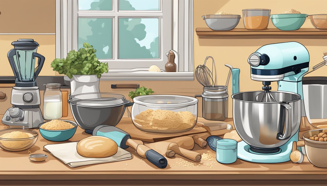 A kitchen counter with a rolling pin, mixing bowls, measuring cups, and a stand mixer surrounded by ingredients for a diabetic pastry recipe