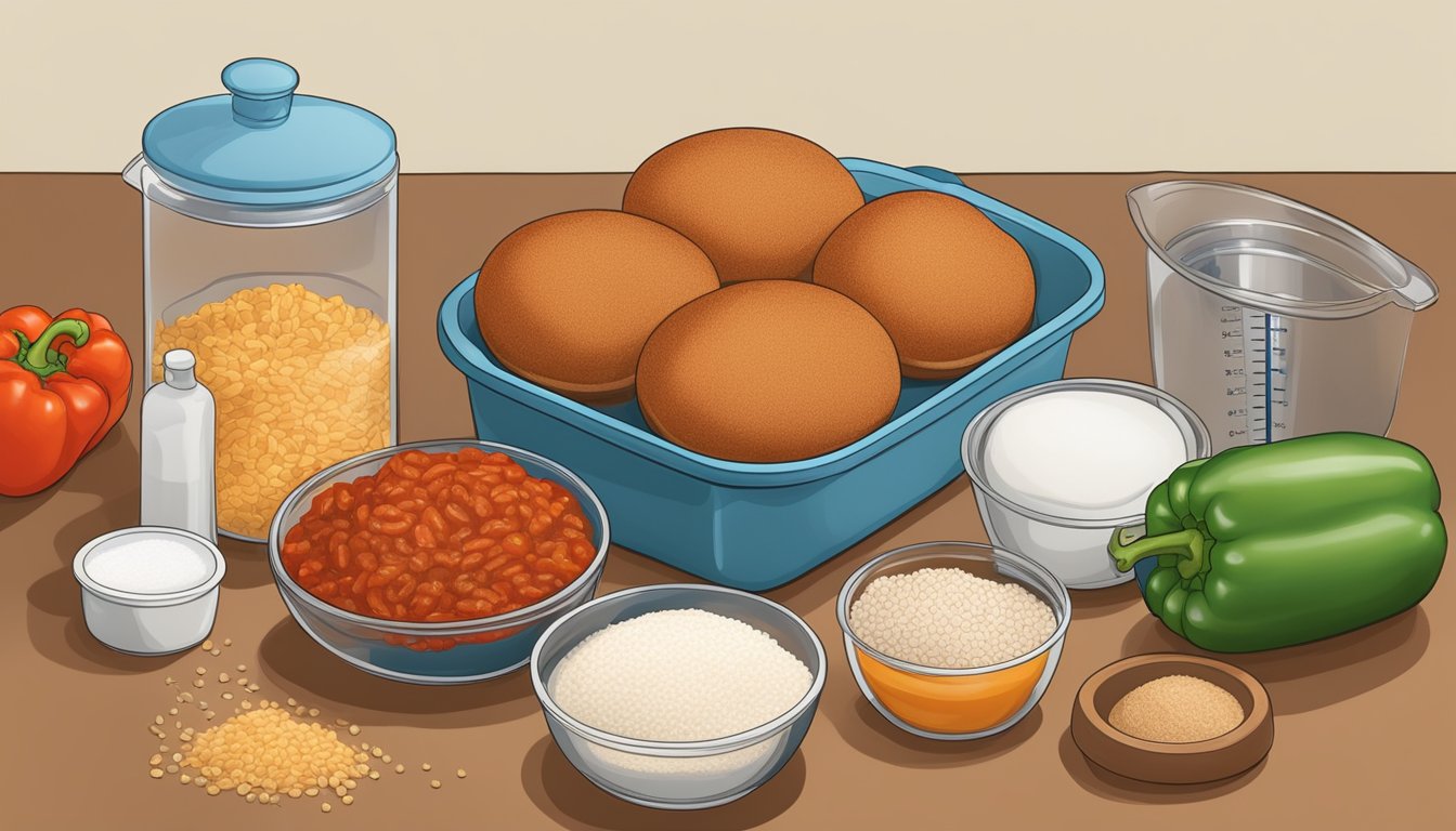 A kitchen counter with ingredients for diabetic sloppy joe recipe: ground turkey, whole wheat buns, tomato sauce, bell peppers, onions, and a measuring cup