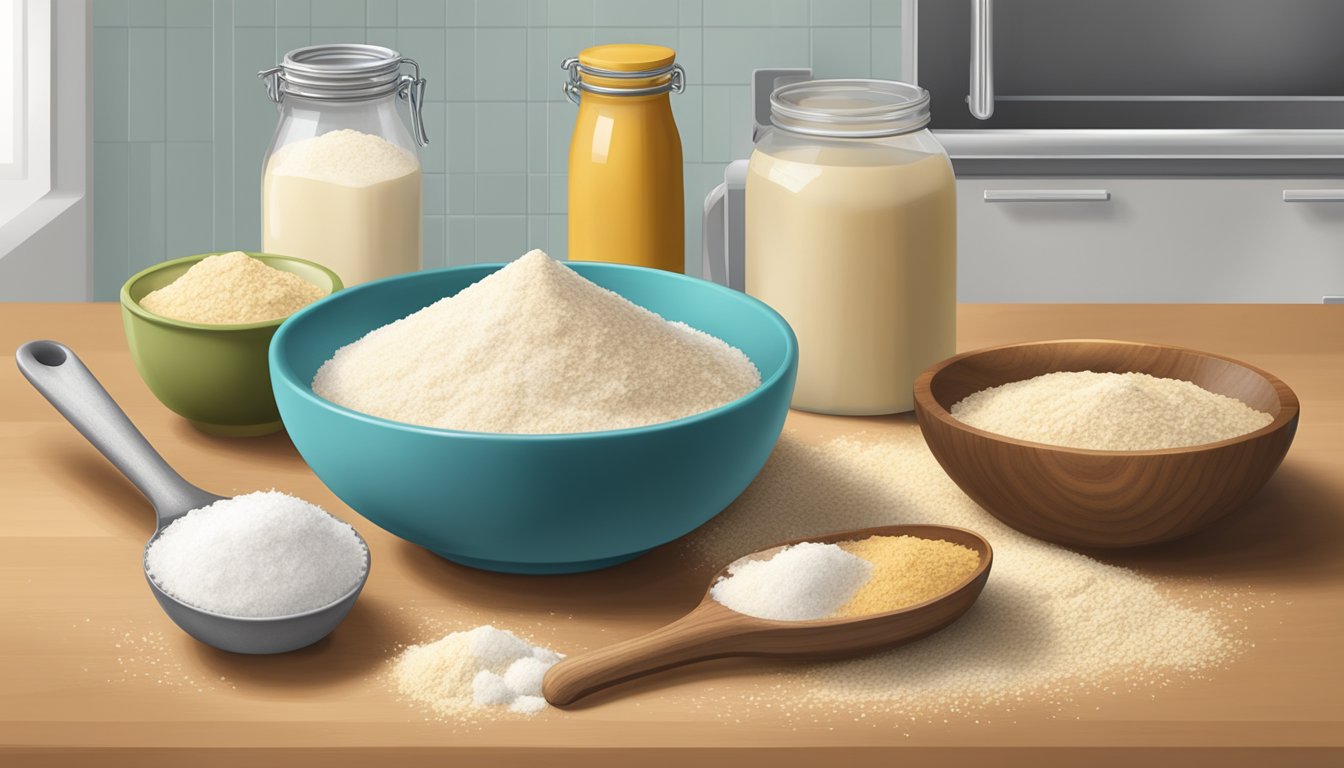 A kitchen counter with a rolling pin, measuring cups, and a bowl of almond flour, coconut flour, and xanthan gum