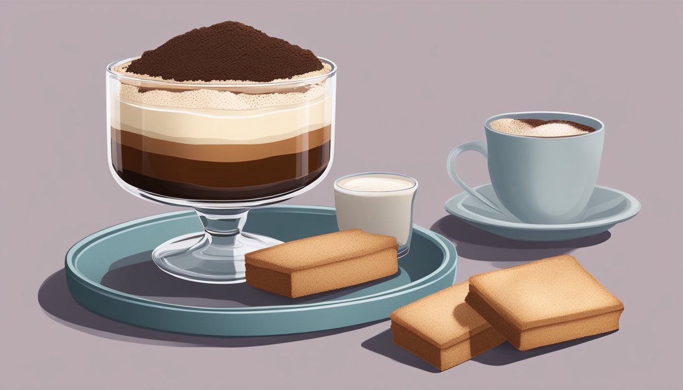 A bowl of mascarpone cheese, espresso-soaked ladyfingers, and cocoa powder arranged in layers in a glass dish