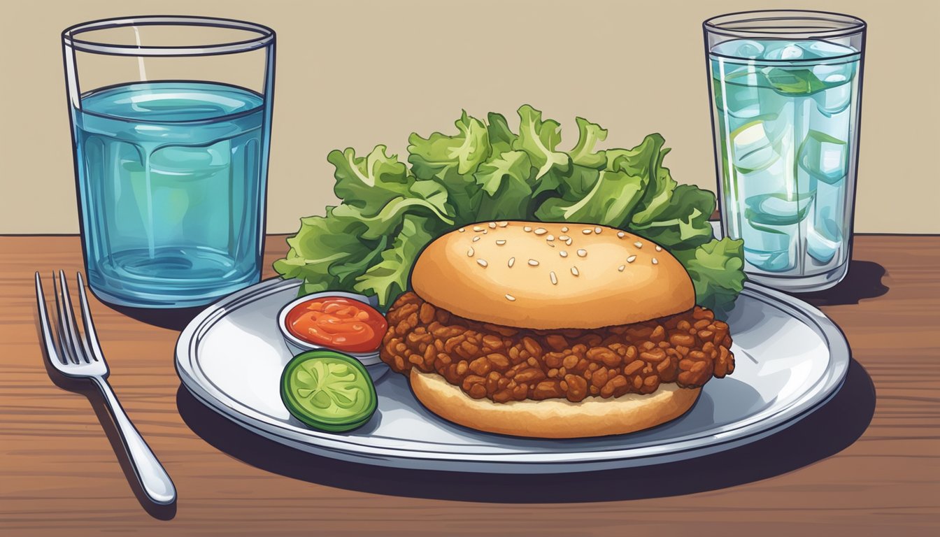 A colorful plate with a diabetic-friendly sloppy joe sandwich, accompanied by a side salad and a glass of water