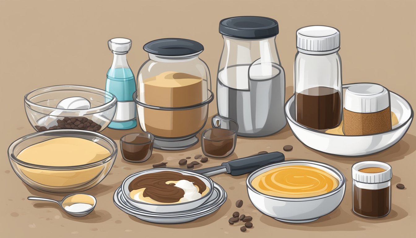 A kitchen counter with ingredients and utensils laid out to prepare a diabetic tiramisu