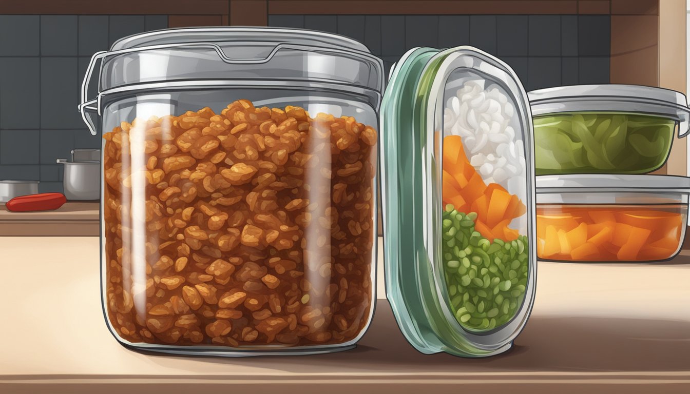 A glass container filled with diabetic sloppy joe leftovers, sealed with a lid, sitting on a kitchen counter