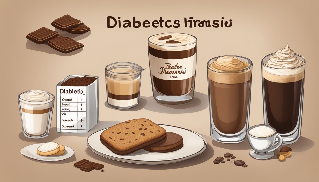 A table with ingredients for diabetic tiramisu: mascarpone, cocoa powder, coffee, sugar substitute, ladyfinger cookies, and a nutritional breakdown chart