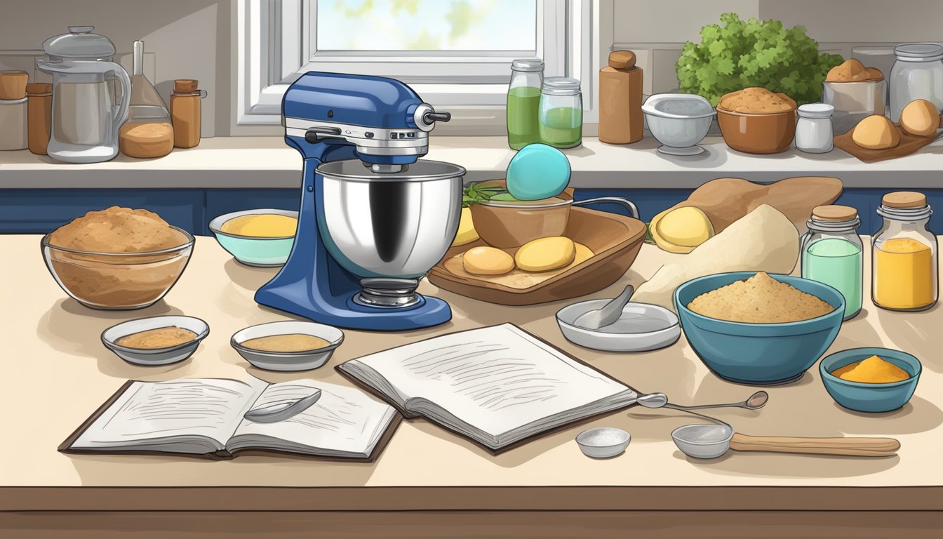 A kitchen counter with ingredients and utensils for baking, including a mixing bowl, measuring cups, and a recipe book open to a page titled "Tips and Tricks for Perfect Results diabetic pastry recipe."