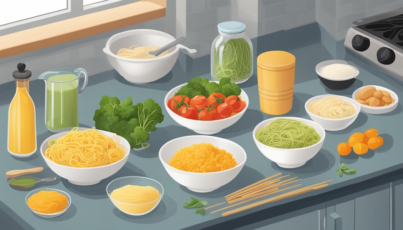 A kitchen counter with various ingredients and utensils for making diabetic-friendly noodles