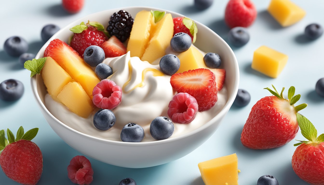 A bowl of creamy frozen yogurt topped with fresh fruit and a drizzle of honey, surrounded by ingredients like yogurt and berries