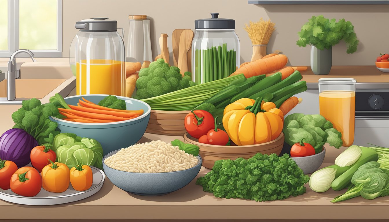 A colorful array of fresh vegetables, lean protein, and whole grain noodles arranged on a clean, modern kitchen countertop