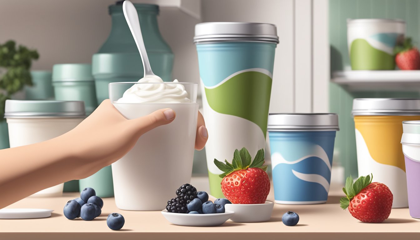 A hand reaching for fresh berries and low-sugar yogurt containers on a kitchen counter