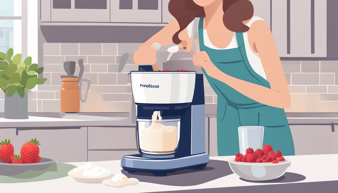 A person blending together yogurt, berries, and sweetener in a food processor, then pouring the mixture into an ice cream maker