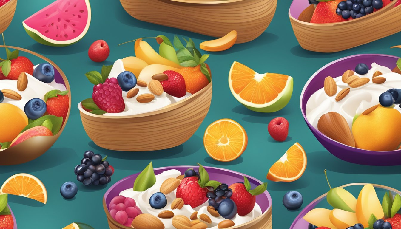 A colorful array of fresh fruit and nuts arranged around a swirl of diabetic frozen yogurt in a stylish, modern serving dish