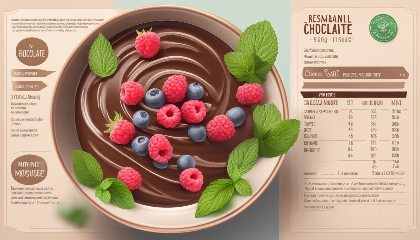 A bowl of chocolate mousse surrounded by fresh raspberries and mint leaves, with a nutritional information label and a list of benefits displayed next to it