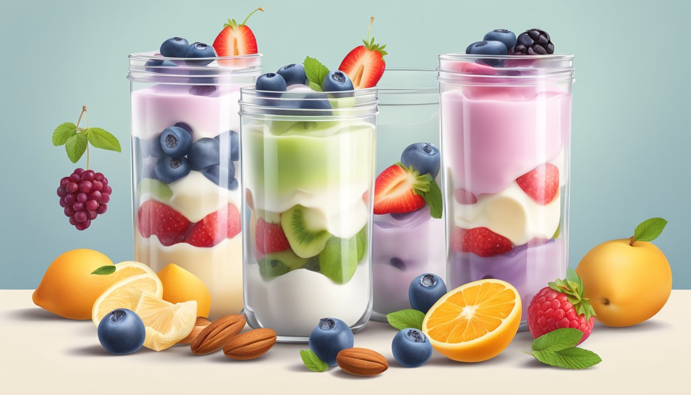 A glass container filled with various flavors of homemade frozen diabetic yogurt surrounded by fresh fruit and nuts