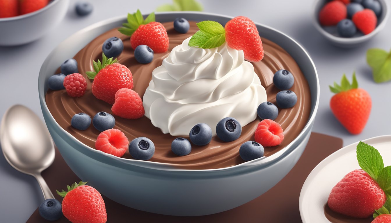 A bowl of sugar-free chocolate mousse surrounded by fresh berries and a dollop of whipped cream