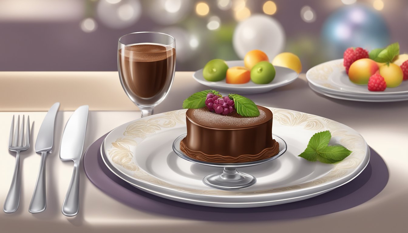 A festive table setting with a decadent chocolate mousse dessert, featuring sugar-free ingredients