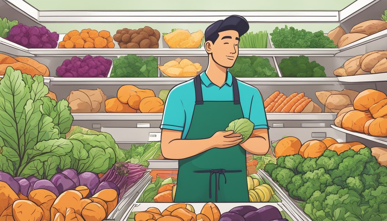 A person carefully chooses fresh yams, leafy greens, and lean protein from a display of colorful, healthy ingredients