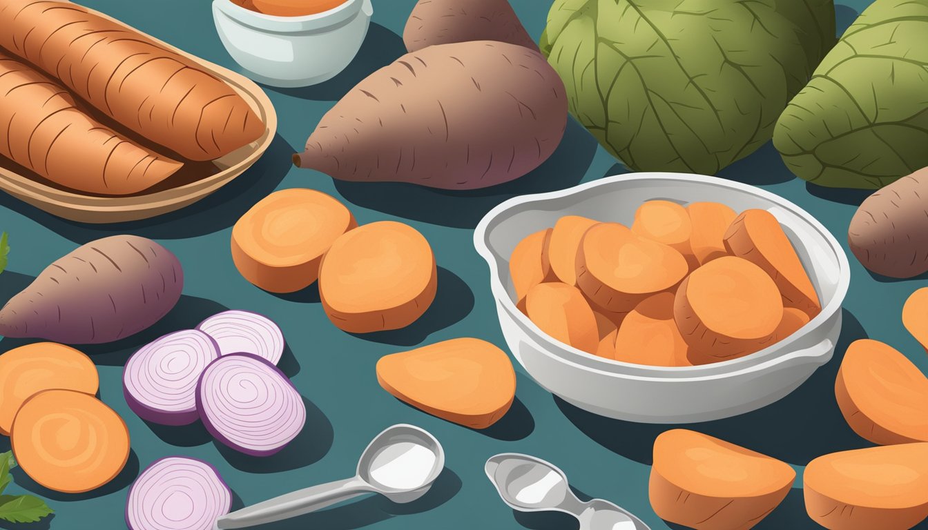 A colorful display of fresh yams, measuring cups, and a nutrition label on a table