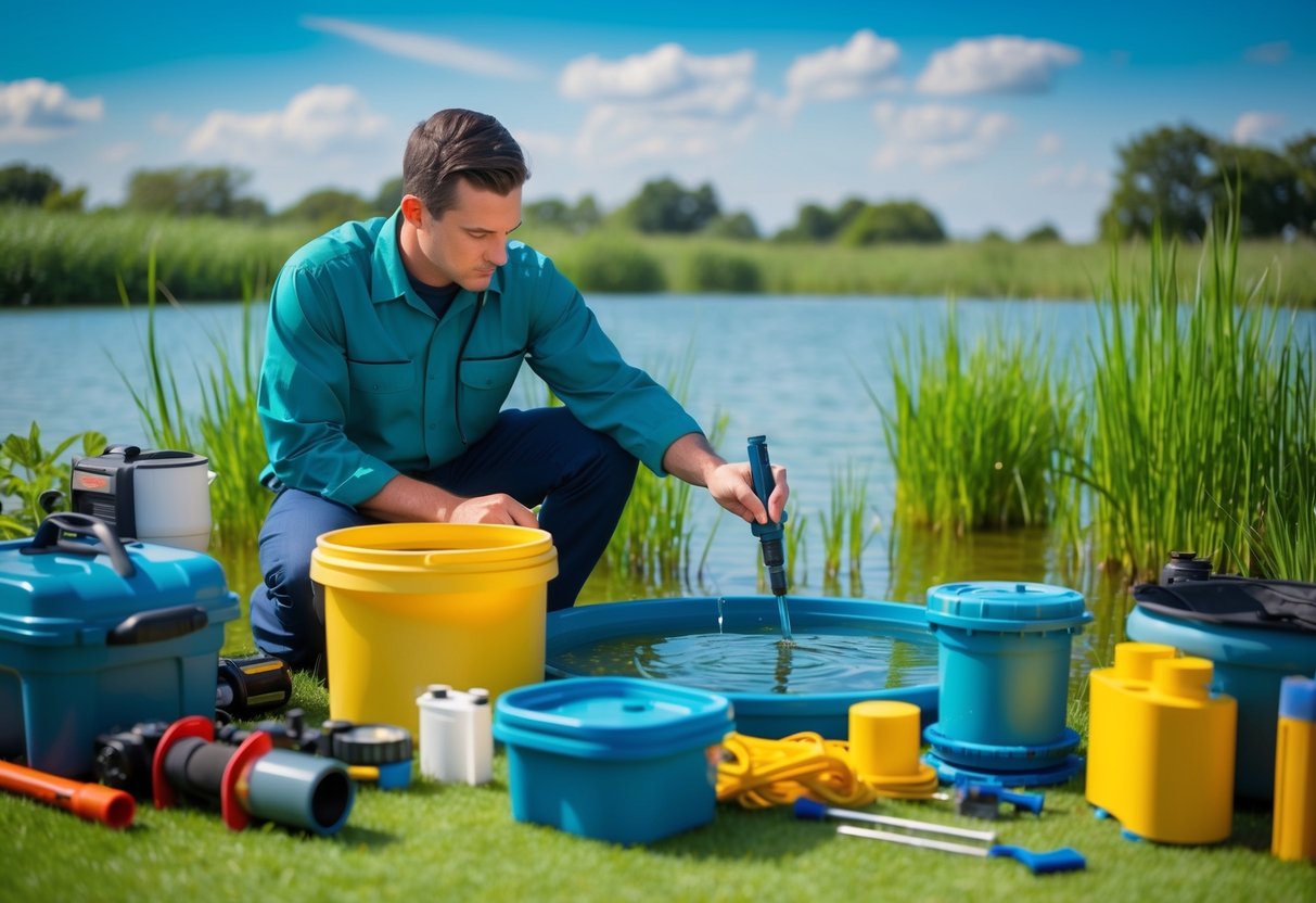 A technician testing water quality in a pond, surrounded by equipment and tools for cleaning and management