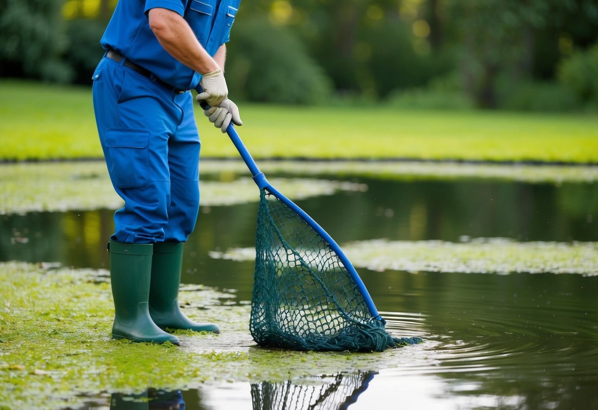 Aqua Pond Ltd employee using a net to remove algae from a pond