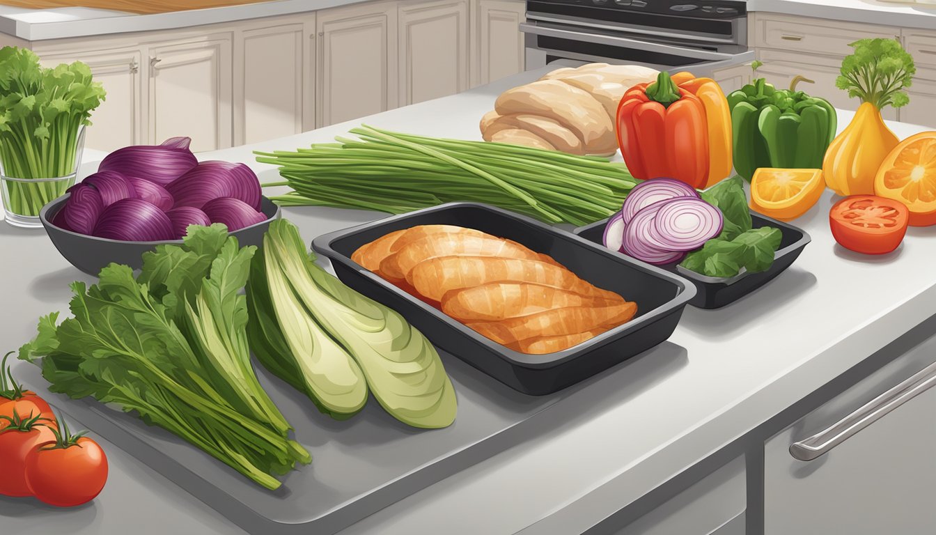 A colorful array of fresh vegetables, sliced chicken breast, and a variety of seasonings arranged on a clean, spacious kitchen countertop