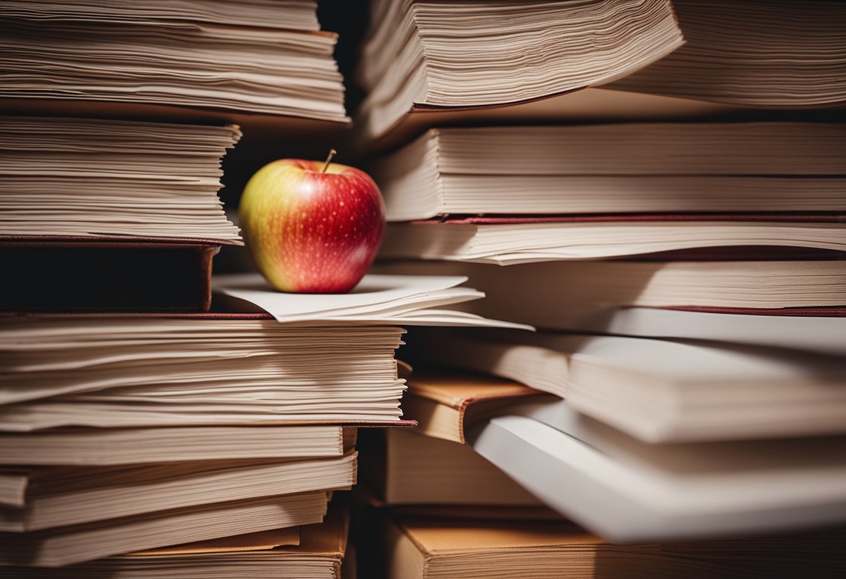 A single red apple at the bottom of a stack of graded papers