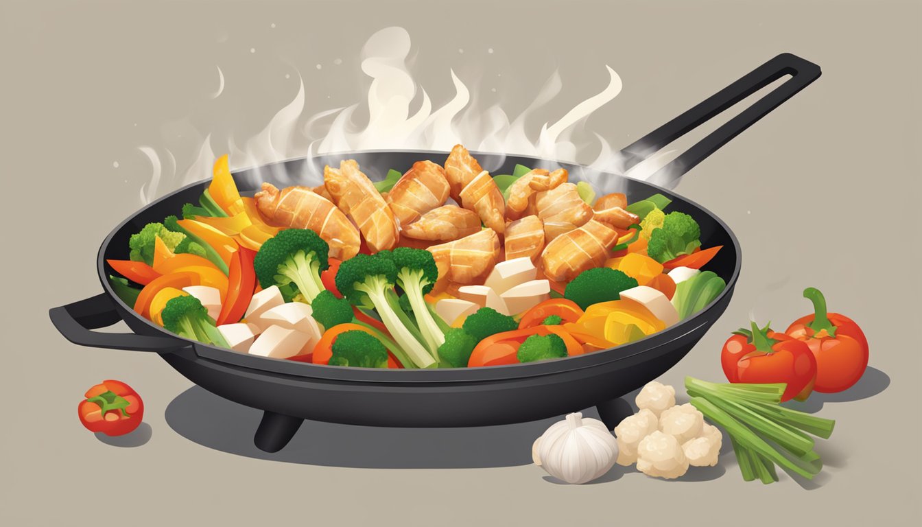 A sizzling wok filled with colorful vegetables and chunks of chicken, steam rising as the ingredients are tossed together over a hot flame