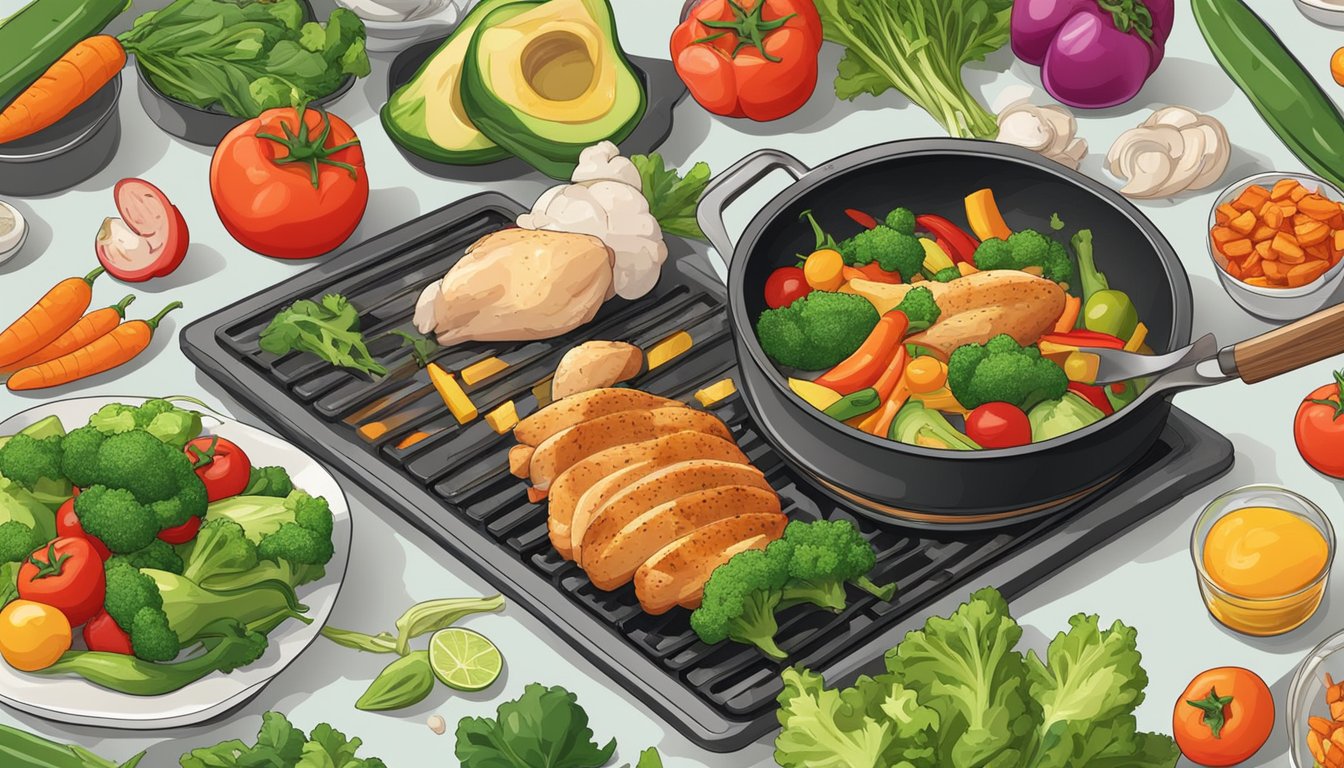 A colorful array of fresh vegetables being chopped and sizzling in a hot pan, while strips of chicken cook to perfection alongside them