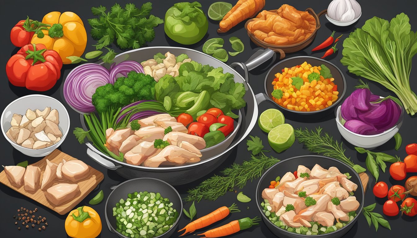 A colorful array of chopped vegetables and sliced chicken sizzling in a wok, surrounded by various herbs and spices