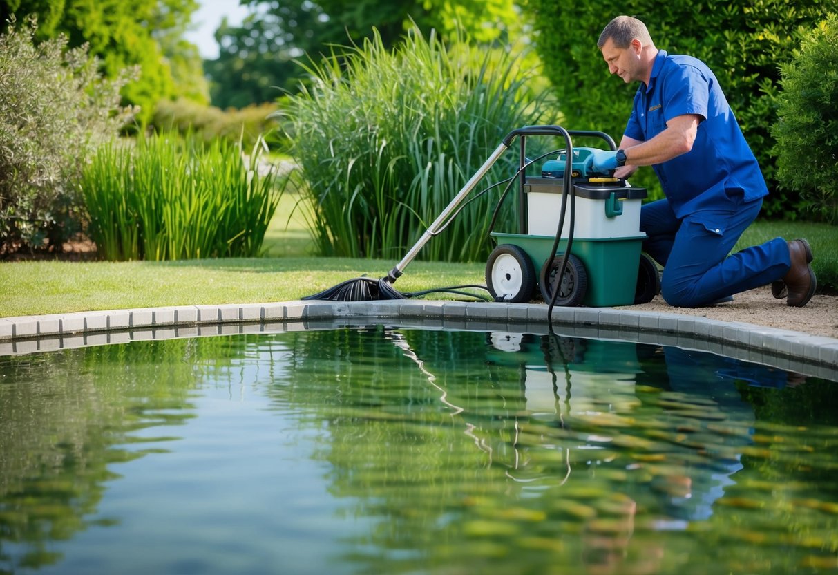 A serene pond with clear water, surrounded by lush greenery. A technician uses specialized equipment to clean the pond and maintain its filter system