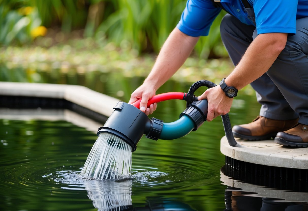 A person using a pond vacuum to clean a pond filter