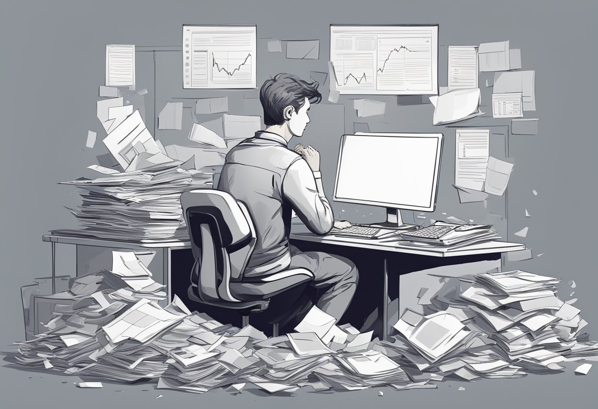 A figure sits at a cluttered desk, surrounded by scattered papers and a computer screen displaying fluctuating data. The expression on their face is one of frustration and avoidance