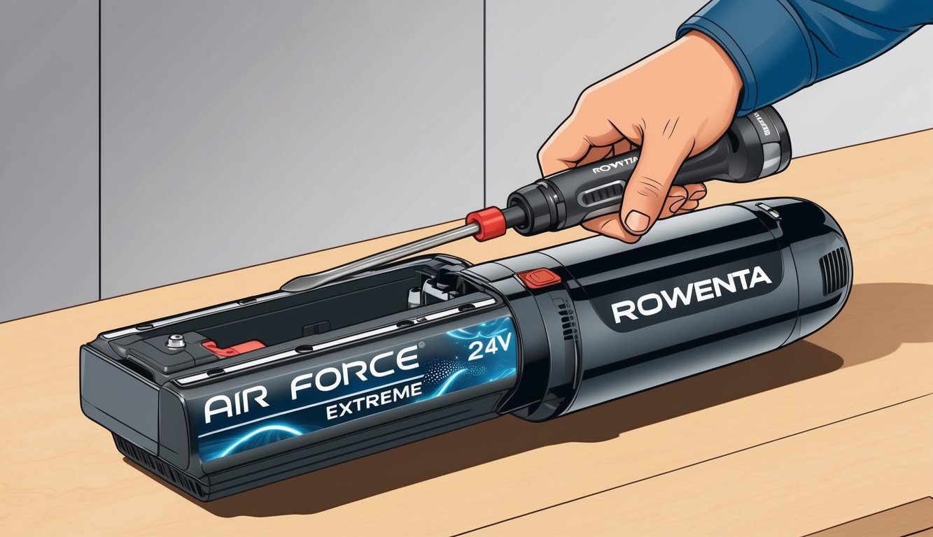 Une main tenant un tournevis ouvrant le compartiment de la batterie d'un aspirateur Rowenta Air Force Extreme 24V