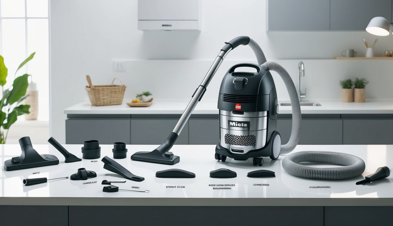 Un aspirateur Miele Complete C3 est démonté avec des outils sur une surface de travail propre et bien éclairée. Les pièces sont organisées et étiquetées pour le remontage.