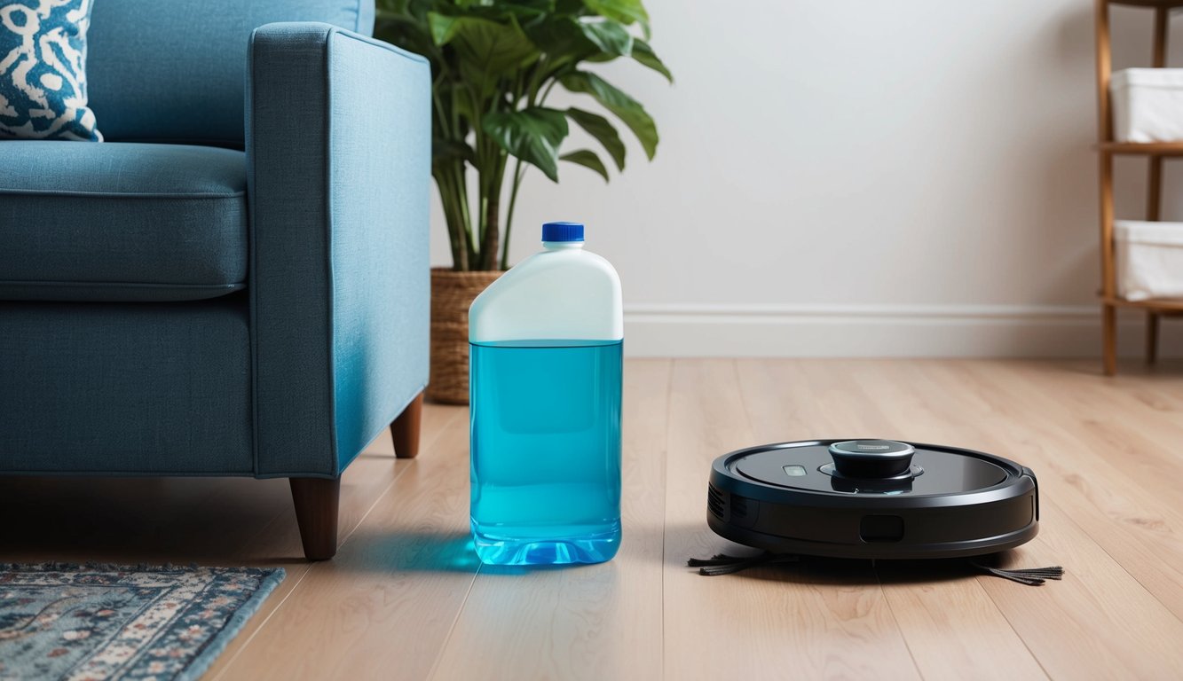 Un aspirateur robot avec un réservoir de détergent à côté.