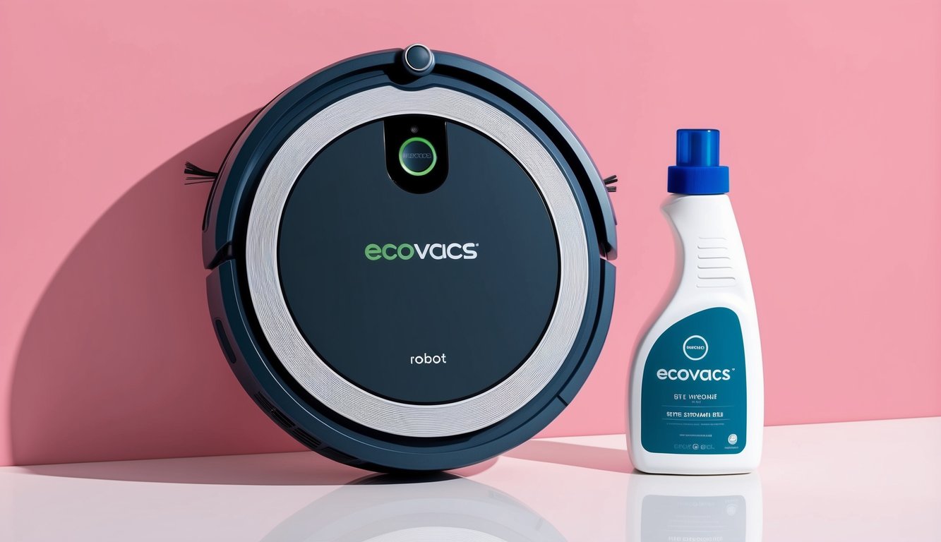 Un aspirateur robot avec le logo Ecovacs sur son extérieur élégant, positionné à côté d'une bouteille de détergent.