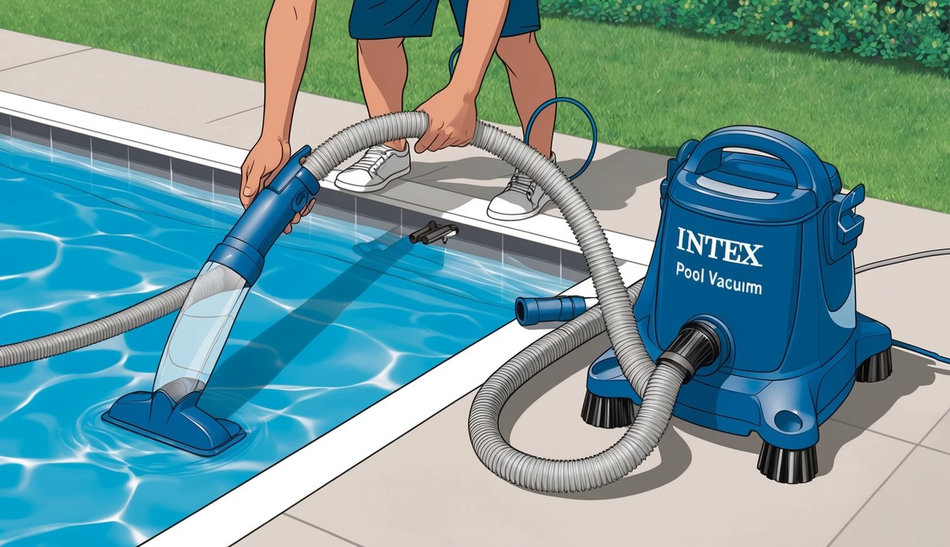 Une personne connecte un aspirateur de piscine Intex à un écumoire de piscine en utilisant le tuyau et les accessoires fournis.