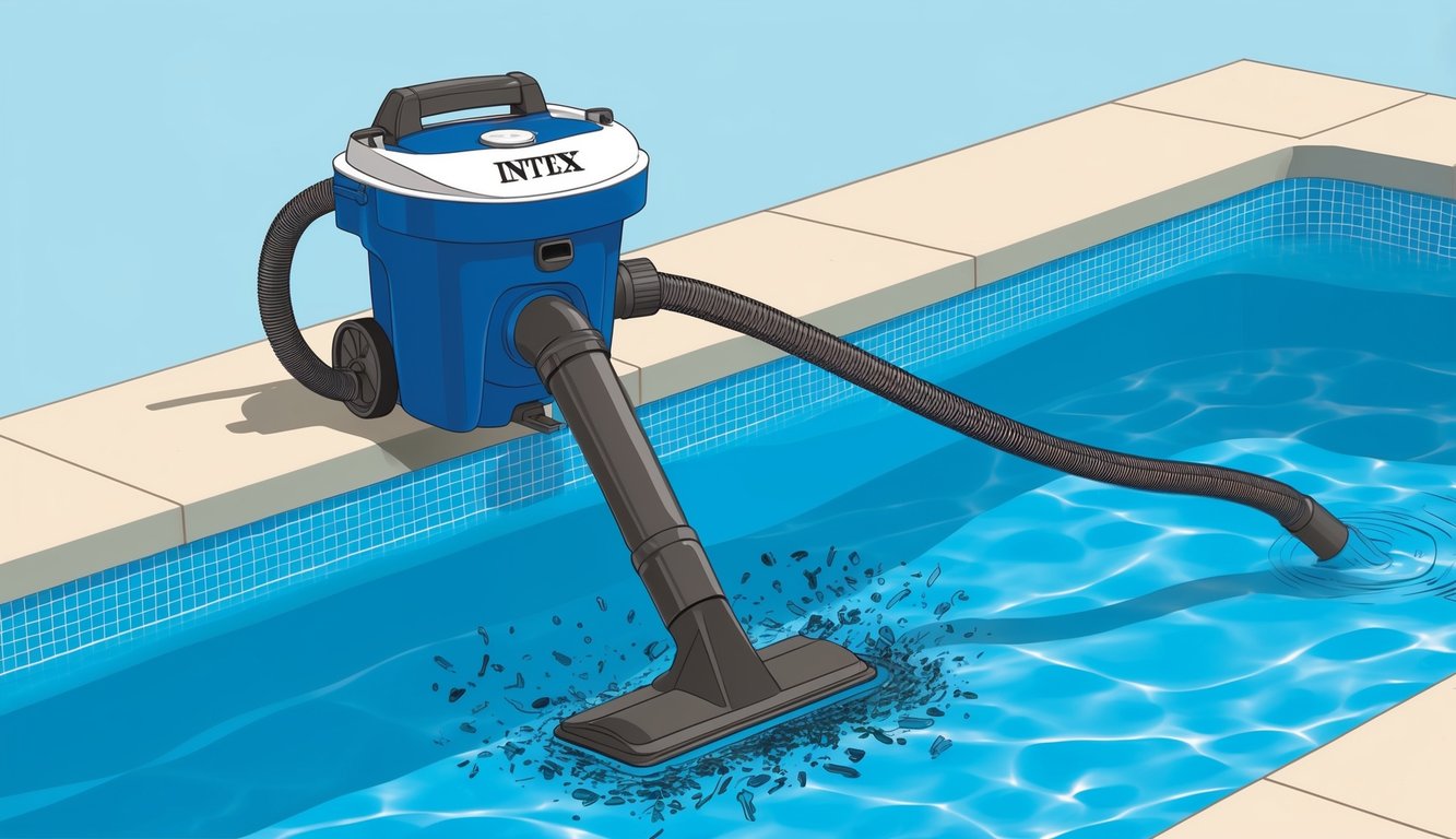 Une piscine propre et étincelante avec un aspirateur de piscine Intex connecté et en cours d'utilisation. L'aspirateur élimine efficacement les débris de l'eau, laissant la piscine dans un état impeccable.