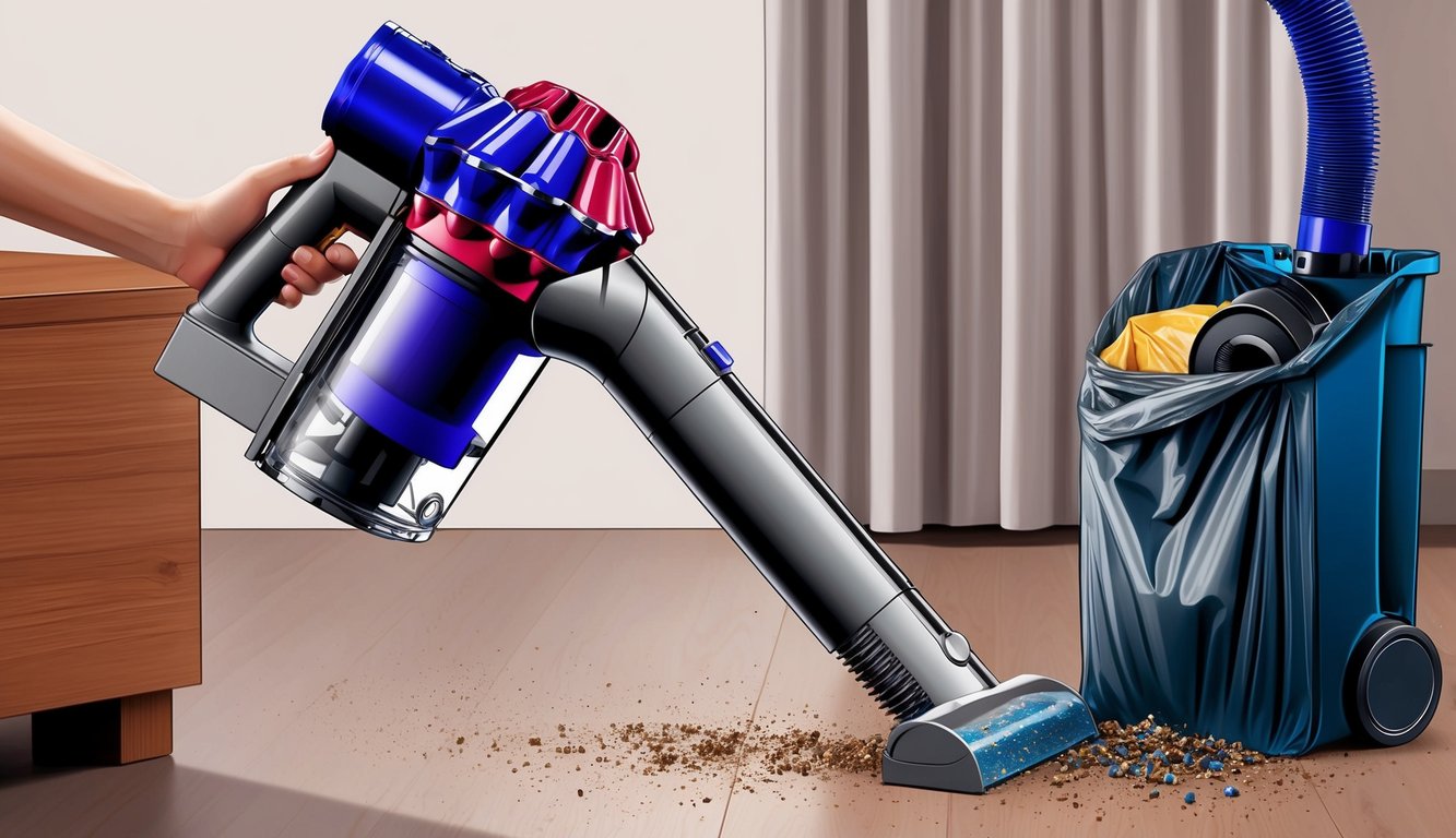 Un aspirateur Dyson étant ouvert et vidé dans un sac poubelle